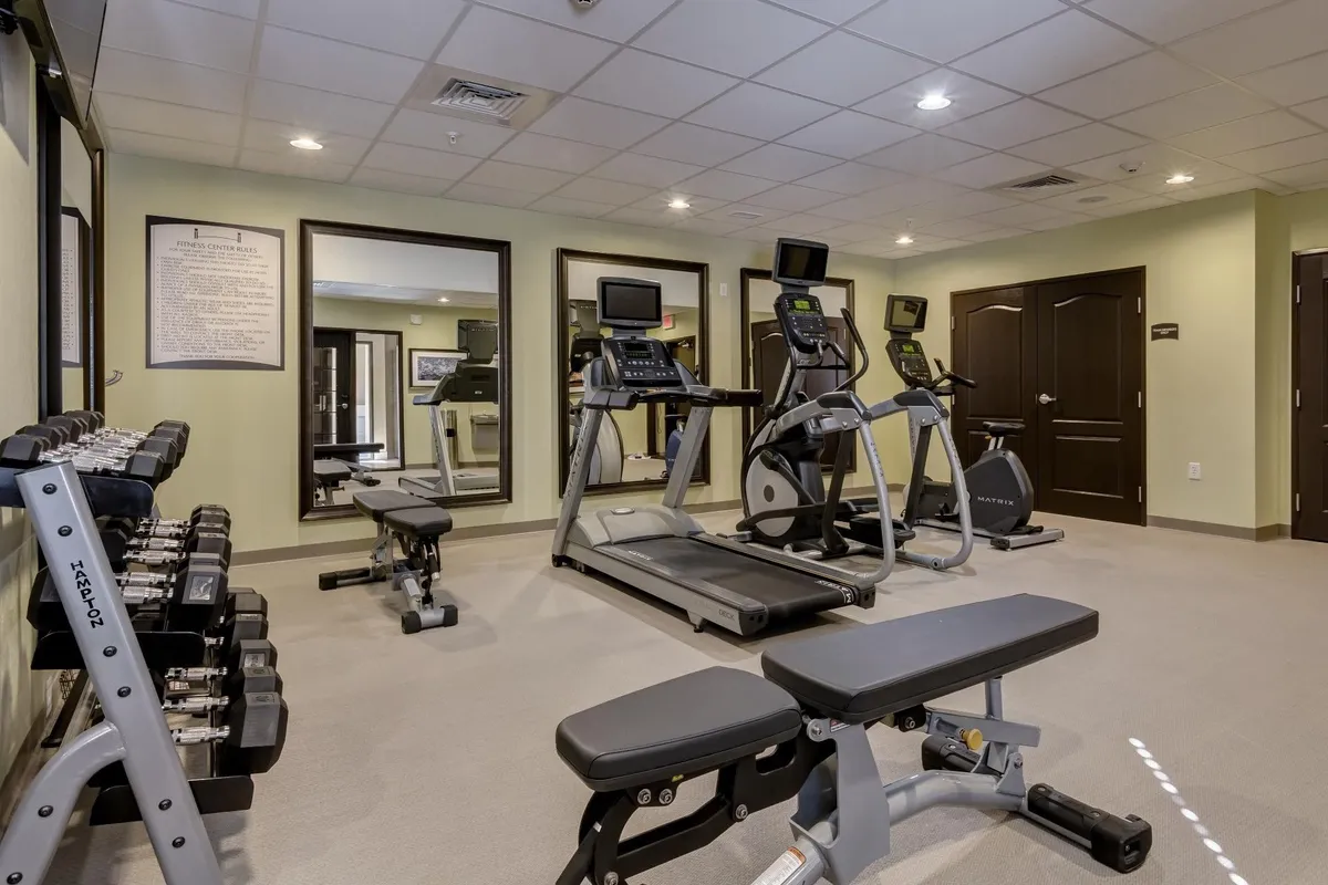 A well-equipped fitness center with a complete dumbbell rack, treadmills, elliptical machines, and a weight bench, set in a bright and energetic environment ideal for personal or group workouts.